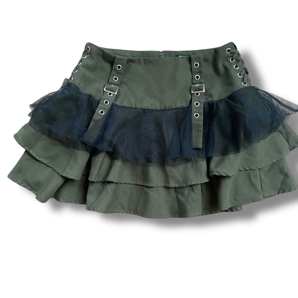 Hot Topic Thorn & Fable Lace Up Layered Mini Skirt Sz S/M Green Buckles Pirate